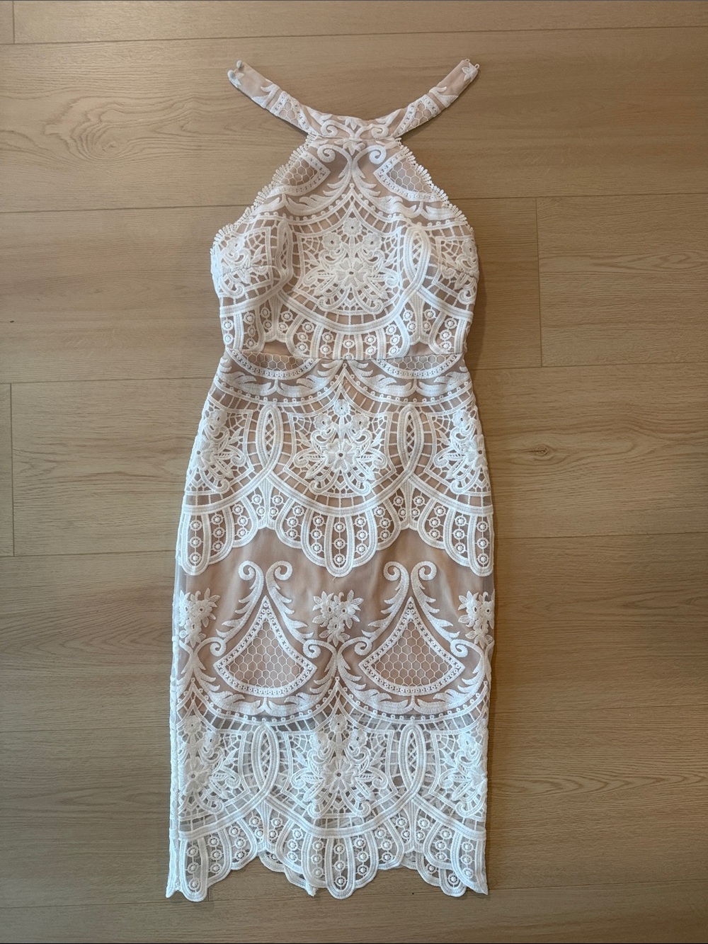 Lulus Lace Overlay Halter Sheath Dress in Nude and White